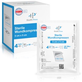 Health Press® Sterile Dressings 5 x 5 cm - 40 Wound Dressings in a Set (20 x 2 Pieces) - Dressing Material for Wound Care - Gauze Dressings 4-Ply - Sterile Wound Dressings - Bandage Dermatologically
