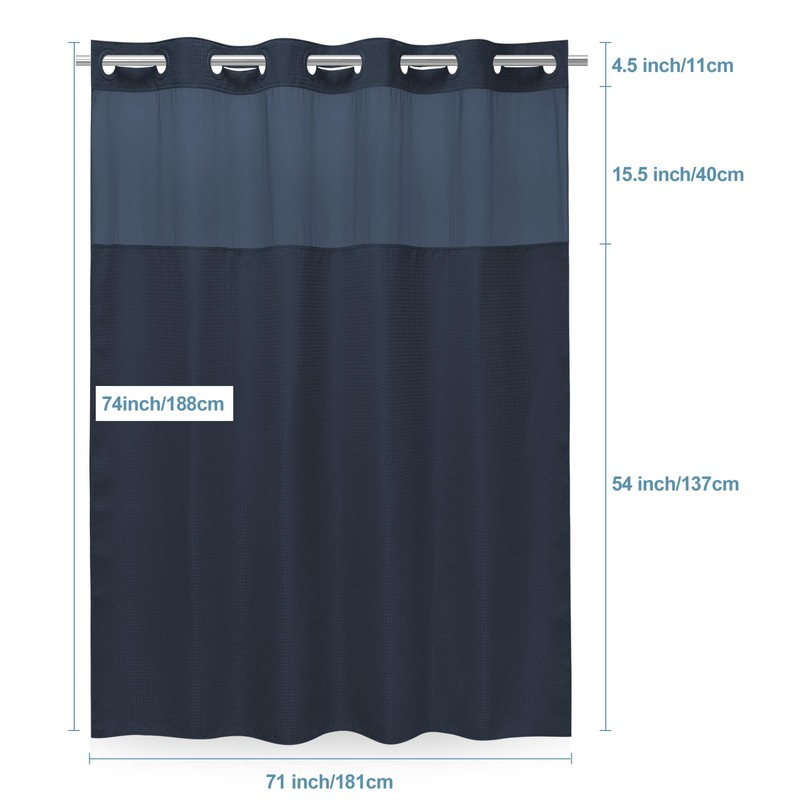 EUTXL Navy Blue No Hook Shower Curtain with Snap in