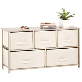 mDesign Large Steel Frame/Wood Top Wide Storage Dresser Furniture Unit, Organizer for Bedroom, Living Room, Entryway, Office - 5 Removable Fabric Drawers - Lido Collection, Cream/Gold