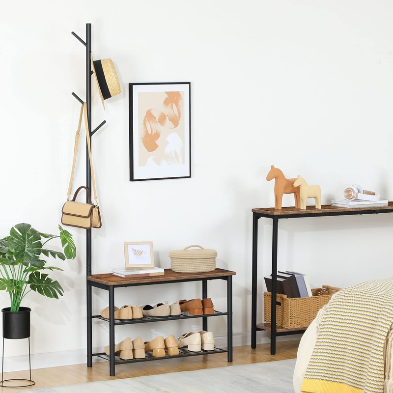 HOOBRO Coat Rack Shoe Bench, 3-Tier Shoe Rack, Industrial Shoe