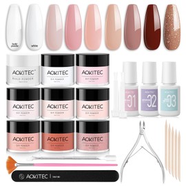 Aokitec Valentine's Day Dip Powder Nail Kit Starter with Dip Build Powder, White Nude Pink Brown Giltter 8＋1 Colors Dipping Powder Liquid Set with Base/top Gel Activator for Nail Manicure Salon Gift