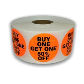 Buy One Get One Fifty Percent Off Labels 1.5-inch Round Orange Pricing Discount BOGO Retail Stickers Self-Adhesive Pack of 1000 Labels