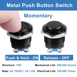 DMWD 2-Pack 16mm Metal Momentary Push Button Switch Screw Terminals 12V 24V 36V DC 110V 250V AC 5A 1NO ON-Off 5/8" Mounting Hole Aluminium Alloy Black Shell High Head