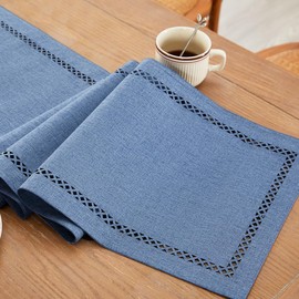 Aoztio Burlap Style Farmhouse Table Runner, 13 x 108 Inch Blue, Rustic Geometric Hollow Table Runners 108 Inches Long for Dresser Table Everyday Use, 13x108 Inches, Blue