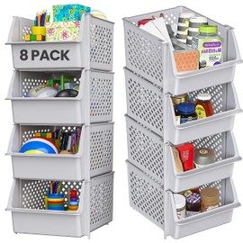Skywin TidyFriend Stackable Storage Bins for Pantry - 8 Pack Stackable Bins For Organizing Food, Kitchen, and Bathroom Essentials (Light Grey)