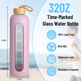 Sursip 32 oz Glass Water Bottle with Time Marker,1 Liter BPA-Free Reusable Motivational Water Bottle with Non-Slip Silicone Sleeve and Bamboo Lid, Ice Cube Tray, Leak-Proof, Dishwasher Safe