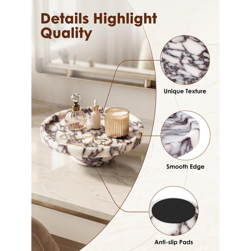 Marble Decorative Tray, 7" Round Marble Tray with Legs, Calacatta