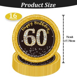 POPOYU Pack of 16 Black and Gold Paper Plates 60th Birthday Party Table Decoration 17.78 cm Paper Plates High Quality Paper Plates for Men Women Birthday Party Decoration Party Supplies Black Gold
