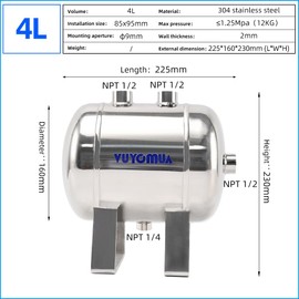 VUYOMUA 1 Gallon 304 Stainless Steel High Pressure Mini Small Portable Air Tank Air Reservoir Water Storage Tank (4L-SG)