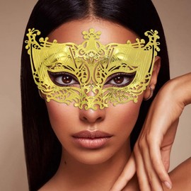 Bounzhi Women Black Venetian Mask Fox Masquerade Party Ball Eye Carnival Masks (Gold)