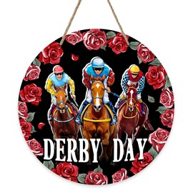 Bolisom Kentucky Derby Day Front Door Sign, Horse Racing Run for The Roses Jockey Wood Door Hanger Outdoor Outside Porch Decor, Churchill Downs Wooden Wreath Indoor Wall Hanging Decoration