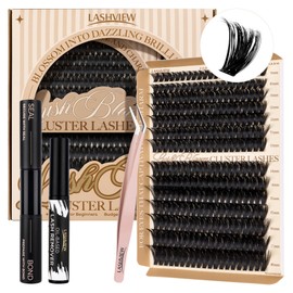 LASHVIEW Cluster Lashes Kit, 9-18/D Curl Lashes Individual Cluster Kit, Fluffy Eyelash Extension Kit with Lash Bond & Seal, Lash Remover Applicator Easy to Use for Beginners(Kit-100D)