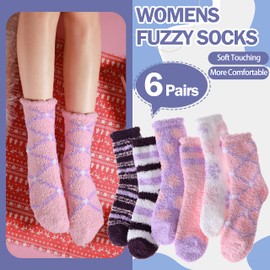ANTSANG Womens Fuzzy Socks Fluffy Slipper Cozy Cabin Winter Soft Fleece Warm Comfy Thick Christmas Gift Valentines Socks (Mix Color Purple Pink(6 Pairs))