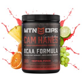 MTN OPS BCAA Powder 2:1:1 Amino Acids Supplement Powder for Rapid Muscle Recovery & Repair with Zero Sugar & Gluten Free - 30-Servings, Tropical Punch, Cameron Hanes Keep Hammering Series