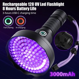 Grace Marci Rechargeable UV Flashlight,128 Led 395nm Black Light, Pet Urine & Stain Detector for Dog/Cat, Bed Bugs, Curing Resin, Durable and Long Lasting