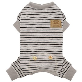 KYEESE Dog Pajamas Stripes 4 Legged Dog Jumpsuit Stretchable Pet Puppy Cat Pajamas Onesie Lightweight Dog Clothes, Ivory Brown, S