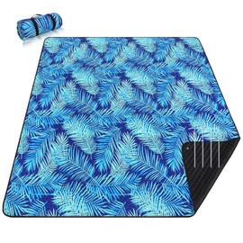 PY SUPER MODE Picnic Blankets Extra Large, Waterproof Foldable Outdoor Beach Blanket Oversized 83x79” Sandproof, 3-Layer Picnic Mat for Camping, Hiking, Travel, Park, Concerts(Blue Leaves)