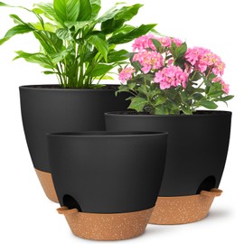 Vanslogreen Large Plant Pots 12/10/9 Inch, Self Watering Flower Pots with Drainage Holes and Saucers 3 Pack Plastic Planters for Indoor Outdoor Plants, Black