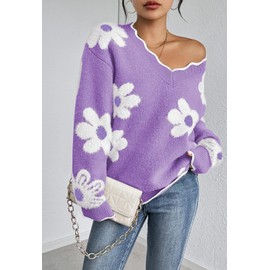Pink Queen Fluffy Chunky Oversized Sweaters for Women Birthday Color Block Long Sleeve V Neck Pullovers Fashion Comfy Winter Fall Jumper Tunic Top Lavender Purple M