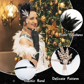 1920 Accessories Set, 5pcs Great Gatsby Accessories with Headband Earrings Pearl Necklace Gloves Handheld Props, 1920s Flapper Costume Vintage Accessories for Women Girl (Style-2)