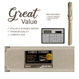 1UP Business Check Binder (Warm Grey) 3/4" Round Ring Metal with 60 Check Capacity, Corner Protectors, 1 Inner Pocket, Includes Pen, Built in Pen Holder, and Calculator