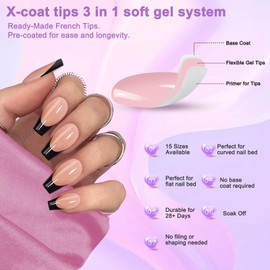 French Gel Nail Tips, 150pcs Medium Coffin Press on Soft Gel Fake Nails, 3 in 1 X-coat Pre-Applied Tip Primer & Base Coat, 15 Sizes for DIY Nail Extension, No Filing Required (HJ-NT087-No.11)
