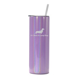 20 oz Skinny Tall Tumbler Stainless Steel Vacuum Insulated Travel Mug Cup With Straw It's Been A Long Day Dachshund (Purple Iridescent Glitter)