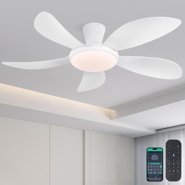 PHORUS 48" White Ceiling Fan with Lights and Remote/APP, Low Profile with Quiet Reversible DC Motor, Dimmable 3 Colors 6 Speeds, Modern LED Indoor/Outdoor Patio Fan