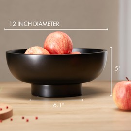 IVE Design Black Wood Fruit Bowl for Kitchen Counter, 12-inch Diameter Large Wooden Fruit Bowl, Natural Wood, Black Decorative Bowl Fruit Holder