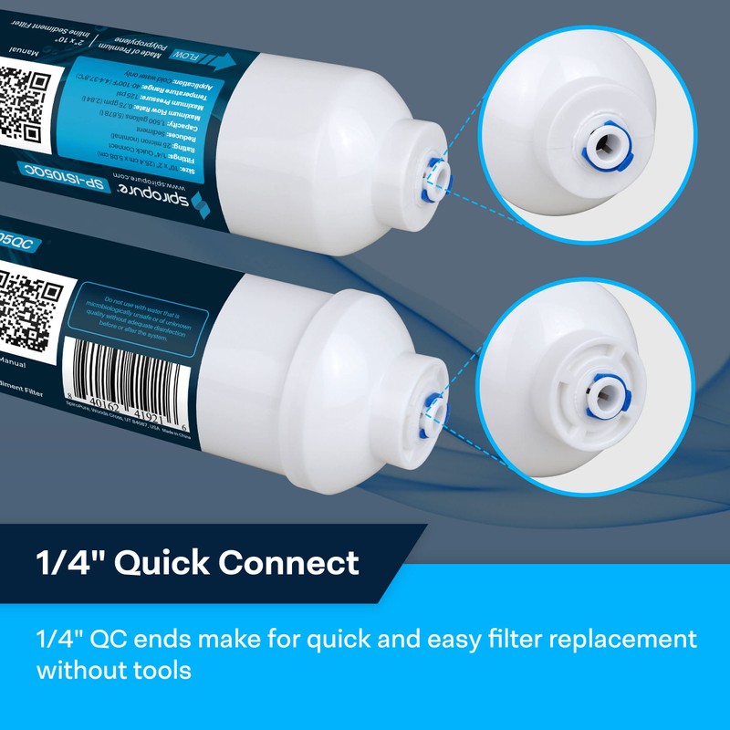 SpiroPure Inline Sediment Water Filter with 1/4" Quick-Connect, 2" x