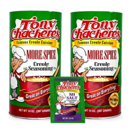 Tony Chachere's Creole and Cajun Seasoning Canisters (2 Pack + Packet) (2 Pack, More Spice with No Salt Packet)