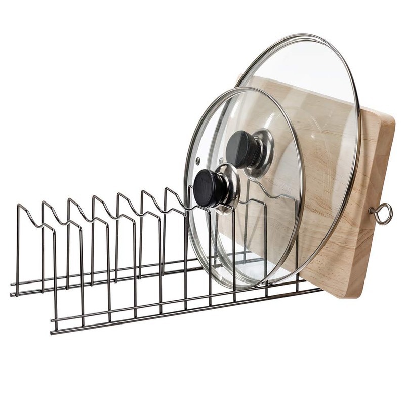 SANNO ディッシュラック フライパンスタント 鍋蓋収納 キッチン収納ラック 水切りラック ステンレス製 二つ入れ 間隔幅4㎝X3幅３㎝X7