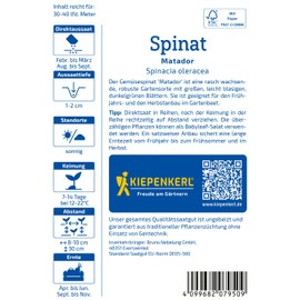 Kiepenkerl Matador 1007950 Spinach Seeds - Robust Vegetable Seeds for Spring & Autumn Growing, Fast Growth, Large Leaf Spinach Seeds for Gardens