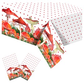 2 Pcs Mushroom Tablecloth,87" Lx54 W Rectangular Plastic Tablecovers, Watercolor Red Mushroom Tablecloth for Indoor Outdoor Kitchen Party Picnic Dining Holiday Decor