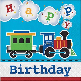 Club Pack of 192 Blue and White All Aboard "Happy Birthday" Luncheon Napkin 6.5"