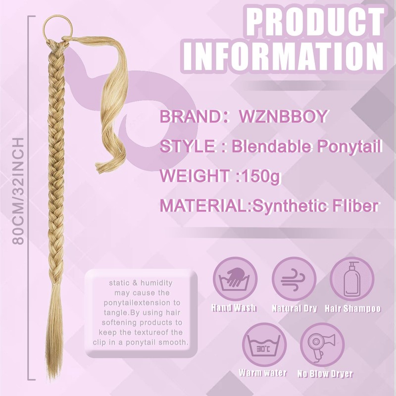 WZNBBOY Long Braided Ponytail Extensions with Elastic Hair Tie Straight