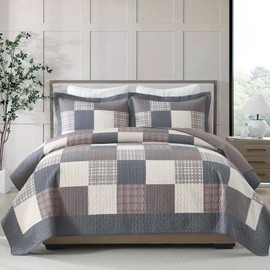 Finlonte Plaid Queen Quilt Set - Lightweight Cotton Quilted Bedspread Farmhouse Queen Size Comforter Sets with 2 Pillow Shams, 3-Piece, Brown/Gray/Beige