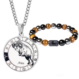Caimeytie Men's Zodiac Sign Necklace and Bracelet Set, Constellation Necklace, Stainless Steel Coin Pendant, Elastic Bead Bracelet, Birthday Gift, Jewellery, Stainless Steel