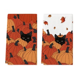 Artoid Mode Pumpkin Balck Cat Fall Kitchen Towels Dish Towels, 18x26 Inch Farmhouse Maple Leaves Decoration Hand Towels Set of 2