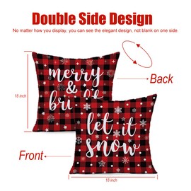 LOGAZOO Christmas Throw Winter Pillow Covers 18x18 inch Let it Snow Merry and Bright Buffalo Plaid Check Snowflake Pillow Cases for Home Holiday Decor Sofa Couch Bed, Set of 2 (Red)