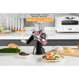 Brieftons 4-Blade Rotary Cheese Grater, Kitchen Food Cutter with Handle, Mandoline Vegetable Slicer, Nut Grinder, Hand Crank Shredder for Cheese, Vegetables, Fruits, Nuts, Easy to Use, Clean & Store