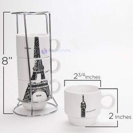 YSSER White Porcelain Coffee Tea Cups Set 4 Cups w/Metal Rack in Box 4.0 fl.oz. each Stackable Desing Eiffel Tower