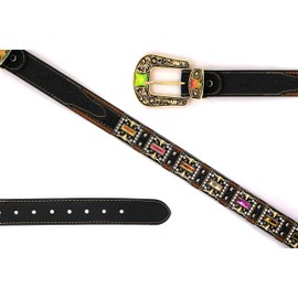 West Star Texas Men Western Leather Belt Longhorn Unisex Genuine Leather Studs Cowboy Belt Concho 507E BK Multicolor Floral L