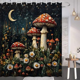 ZFMRZF Mushroom Shower Curtain Red Mushrooms White Daisies Boho Moonlit Forest Abstract Starry Art Bathroom Polyester Curtains Set with Hooks 70x70 Inch