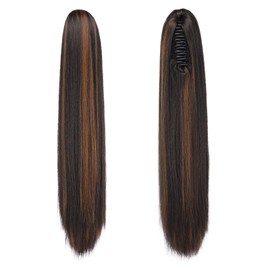 FESHFEN Long Ponytail Hairpiece - Straight Braid Extensions with Clip Synthetic Hair Extension Claw Clip in Ponytail Hair Extension for Women, 63 cm Dark Brown and Light Red Brown