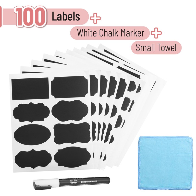 Mr. Pen- Chalkboard Labels, 100pc, Assorted Shapes, 1 White Chalk