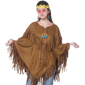 Angenster Indian Costume for Women, Poncho Costume, Indian Women's Carnival Costume with Hair Bands, Earrings and Necklaces, Double Layer Poncho Indian Girl Outfit, Boho for Carnival Fancy Dress