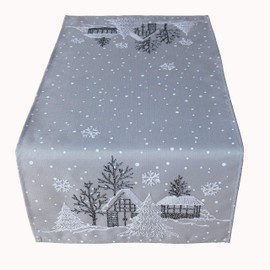 Raebel OHG Table Runner Embroidery Winter Village Fir Christmas White Decorative Christmas Tablecloth (Light Grey/White, 40 x 85 cm)