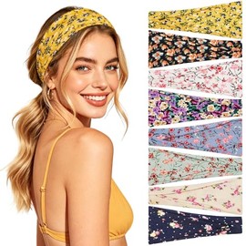 Awumbuk Women's Headbands, Pack of 8, Multicoloured, Print, Tie-Dye Soft Hairband, Women's Thin, Elastic, Non-Slip, Sweat-Wicking, for Yoga, Running, Fitness, Workout