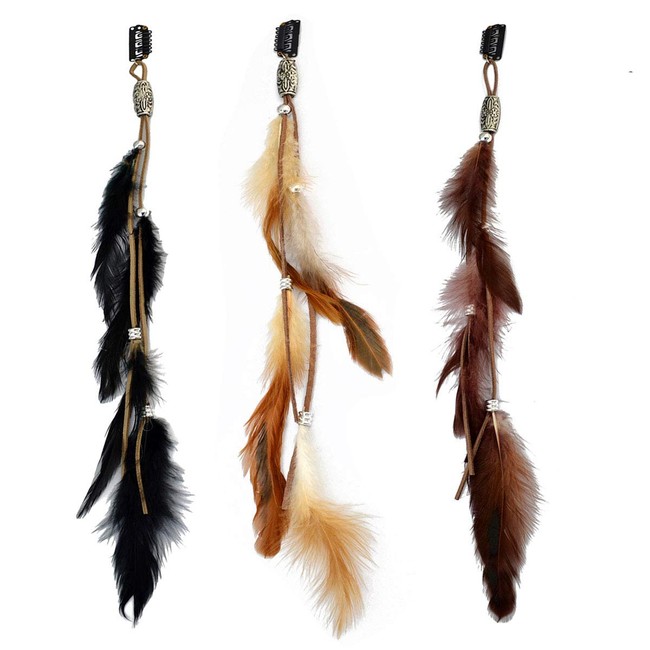 3PCS Bohemia Hippie Hair Extensions with Feather Clip Comb Hairpin Headdress DIY Accessories for Women Lady Feather Hair Clips (A#)